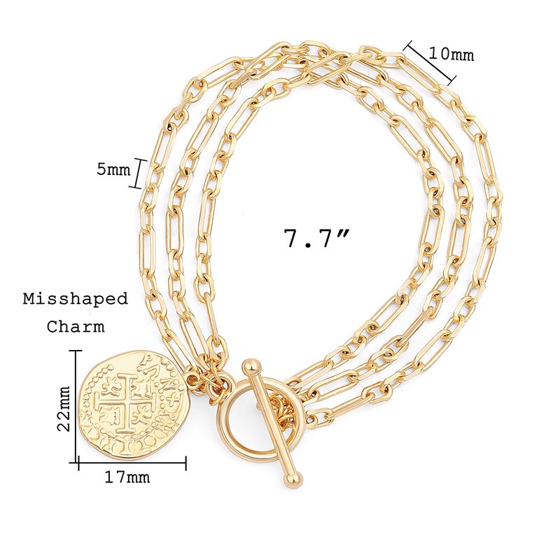 PEARLADA 3-Row 18K Gold Plated Chain Bracelet Dainty Cross Medallion Charm Bracelet OT Toggle Bangle Handmade Stacking Layering Jewelry Fashion Long and Short Oval Link Bracelet for Her - Image 3